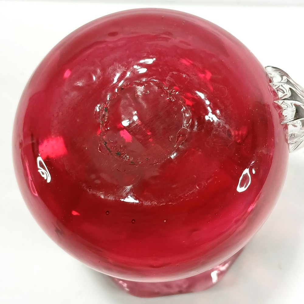Vintage Cranberry Glass Pitcher Ruffled Rim Clear Applied Handle 4.25 inch - Picture 6 of 8